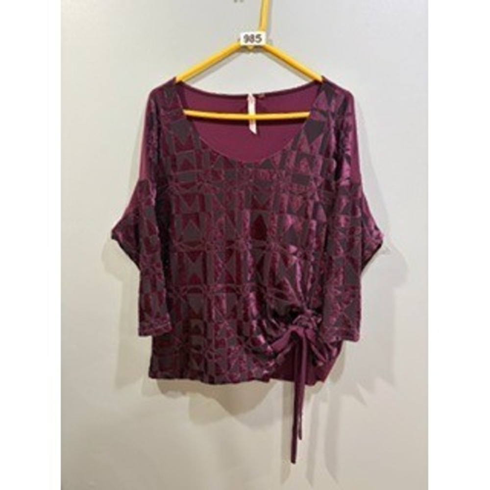 B.Y. Collection Women Burgundy Geometric Burnout Velvet Side Tie Top ABV61043